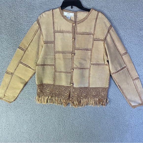 Lisa Intl Vintage Suede Jacket Woman’s L Large Crochet Tan Brown - Picture 8 of 13